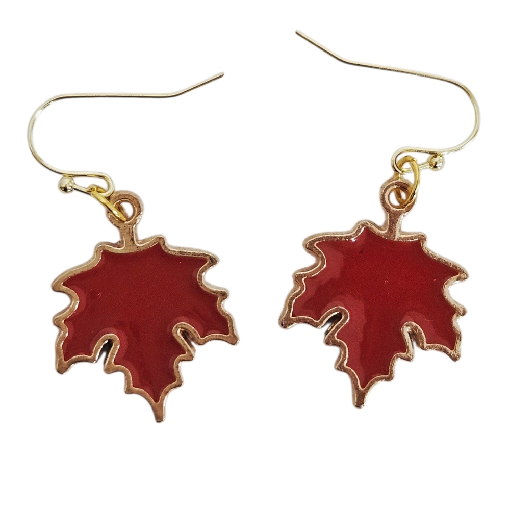 Red Enamel Maple Leaf Dangle Earrings Gold Autumn Thanksgiving Jewelry - Picture 4 of 5